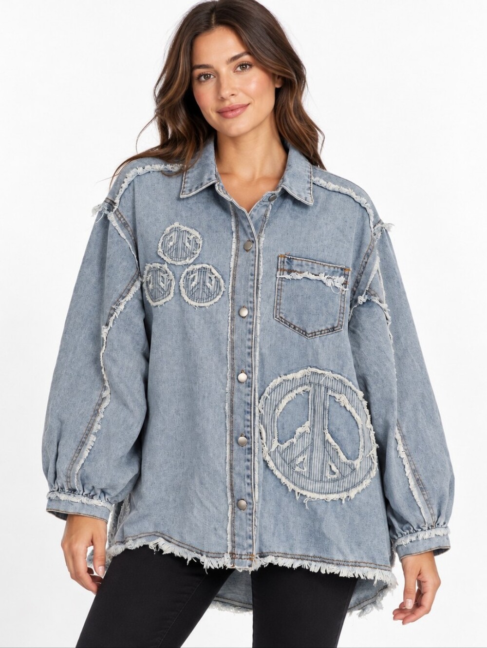 POL Peace Sign Denim Shacket Small Oversized Distressed Boho Balloon Sleeve